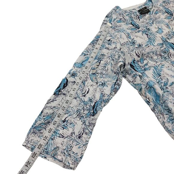 Tahari Linen Blouse Womens 1X White Blue Roll Tab Sleeve Button Up Floral Casual - Picture 9 of 12